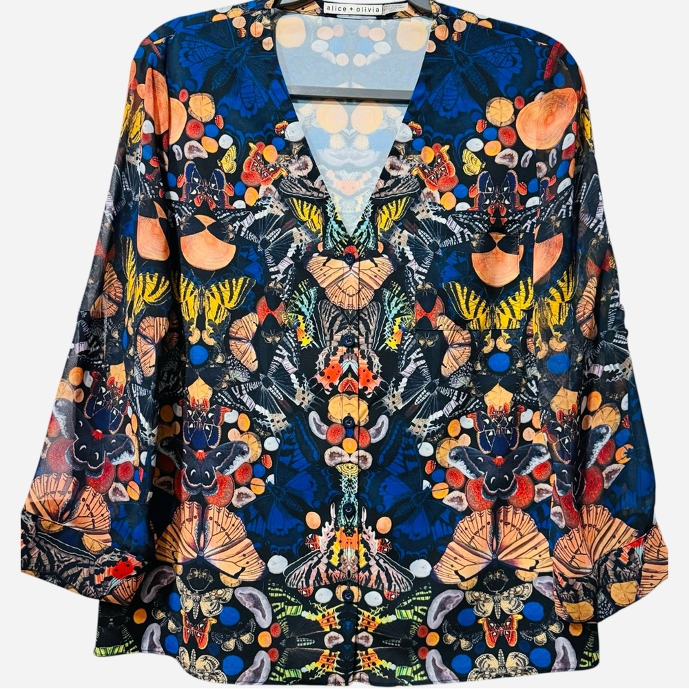 Alice + Olivia Eloise Butterfly‎ Top Painterly Kaleidoscope Printed LS Blouse XS